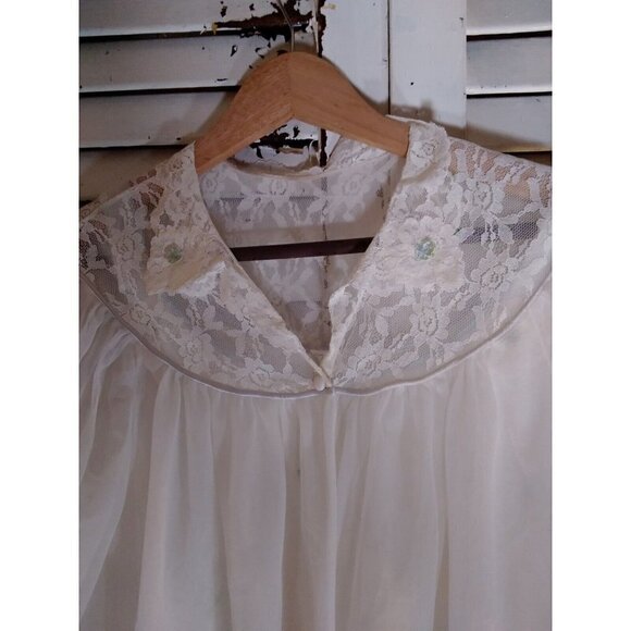 Miss Siren Sheer Peignoir Robe Chiffon White Floral Embroidery‎ Medium Vtge Set - Picture 5 of 5
